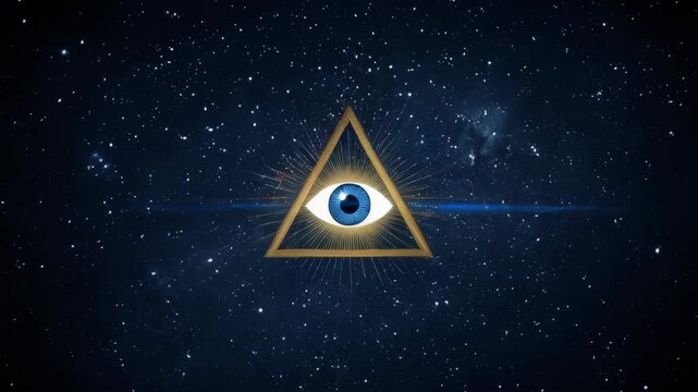 Mystical golden eye inside a glowing triangle radiates powerful energy, symbolizing enlightenment, divine vision, cosmic awareness, secret knowledge, higher consciousness, and spiritual awakening	