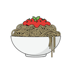 Illustration of Spaghetti in a White Bowl with Tomato Sauce and Basil on White Background