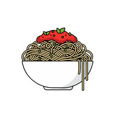 Illustration of Spaghetti Bowl with Tomato Sauce and Basil Sprigs on White Background