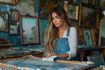 Fototapeta premium Artist working in a vibrant studio filled with colorful paintings and creative energy in the late afternoon light