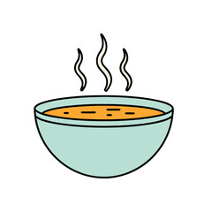 Cartoon Graphic Bowl of Steaming Orange Soup with Cyan Bowl Outline on White Background