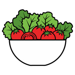 Vector Illustration of White Bowl Filled With Red Tomatoes and Green Lettuce Salad on Transparent Background