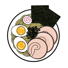 Pixel Art Illustration of Ramen Bowl with Noodles Eggs Meat and Seaweed in White Background