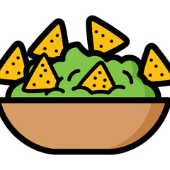 Brown Bowl Full of Green Guacamole Dip with Golden Yellow Tortilla Chips Isolated on White Background Vector Illustration