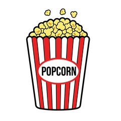 Illustration of Striped Popcorn Container with Overflowing Yellow Kernels on White Background