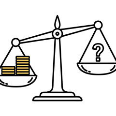 White Scales Balancing Stacked Gold Coins with Question Mark on White Background