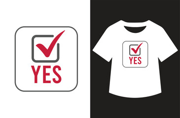 Naklejka premium Split-screen vector design with red checkmark in box on white background and black t-shirt featuring the same symbol on black background. Minimalist, bold, and graphic style.