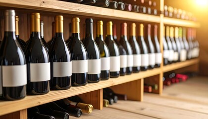 Wine Cellar - A Collection of Bottled Wines on Wooden Shelves.