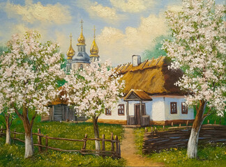 Church in the village of the spring, garden, oil painting landscape