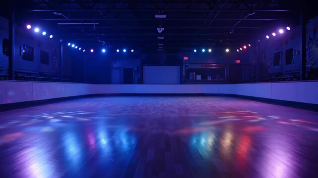 Empty Roller Skating Rink With Colorful Lights and Shiny Wood Floor at Night