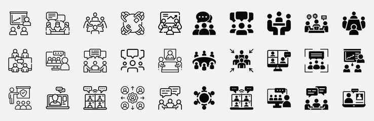 Creative meeting icon set for teamwork, brainstorming, online conferences, seminars, and professional workplace collaboration designs