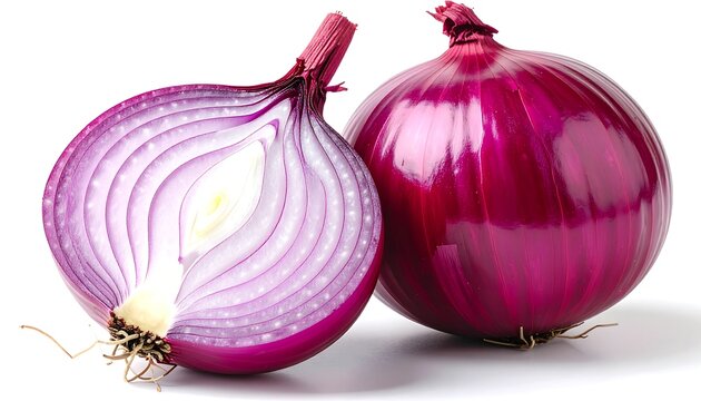 Two red onions, one halved, showing inner layers, on white background - Powered by Adobe
