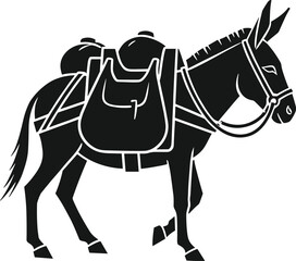 PrintDonkey illustration, pack animal drawing, saddlebags sketch, rural transportation art, traditional labor, black and white design, vintage livestock, detailed harness artwork