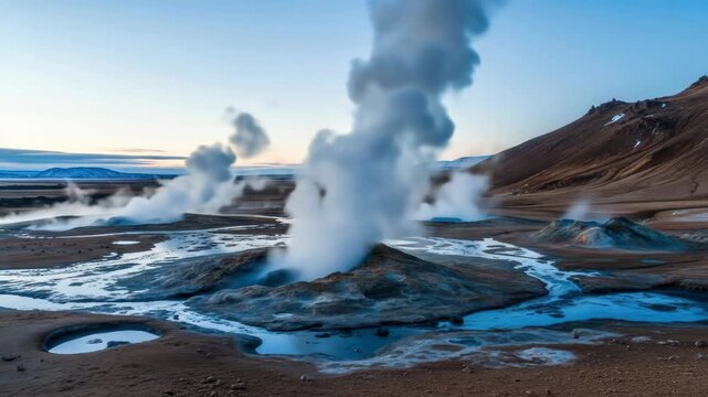 Hverir geothermal area landscape in Iceland with steaming fumaroles and mud pools, beautiful landscape, volcanic region, travel destination, outdoor adventure
