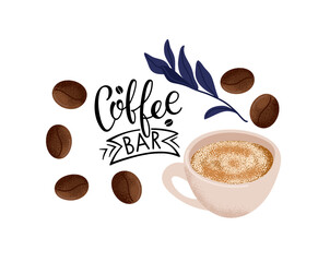 Coffee Bar. Set of quote, beverage cup, beans, leaves on white background. Vector brush pen modern calligraphy lettering. Banner, logo, coffee shop poster , restaurant, company, cafe. Breaking time