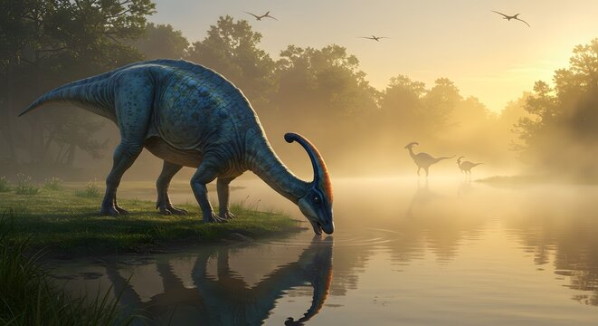 Parasaurolophus Dinosaur Drinking in Misty Lake