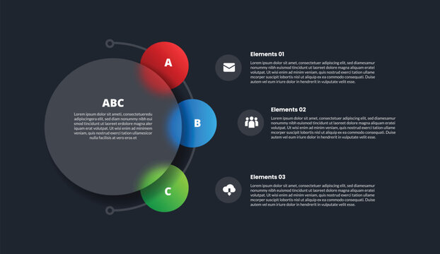 3 points infographic with glassmorphism style with big circle and small spreading on right side with 3 elements