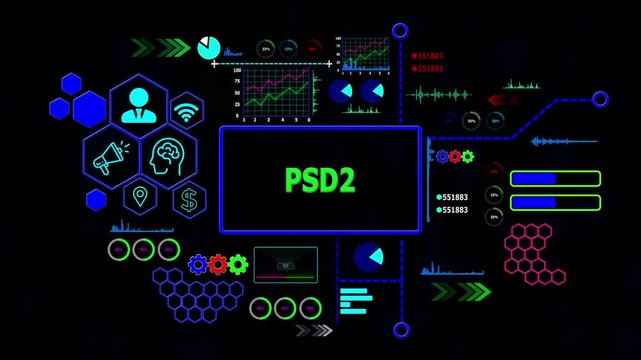 Psd2 concept with Data Analytics, Business Graphics, loading bar, gearbox, Asymptotic smart data analytic,4k video