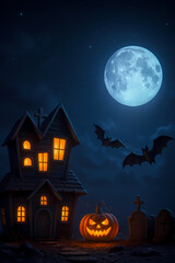 Halloween pumpkin head jack lantern with burning candles, Spooky Forest with a full moon and wooden table, Pumpkins In Graveyard In The Spooky Night - Halloween Backdrop. Ai Generative