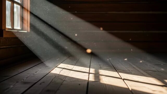 Sunlight streaming through window onto wooden floor, creating a beam of light in room, indoor space.