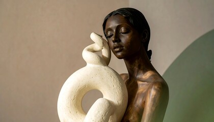Woman and Abstract Sculpture, Focused Connection.
