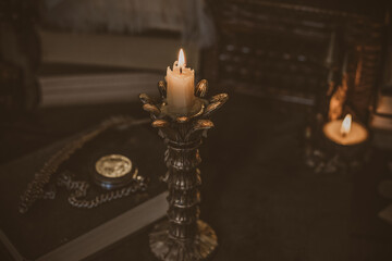 Fototapeta premium Mystical autumn altar with candles and mirrors