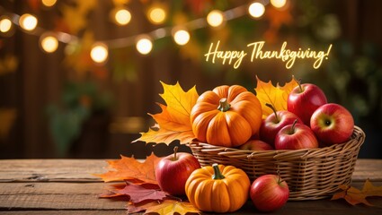 Happy Thanksgiving Text Day Background with pumpkins and autumn leaves Holiday Autumn festival scene, Fall, Harvest. holiday themed designs greeting cards, and social media posts. High quality photo