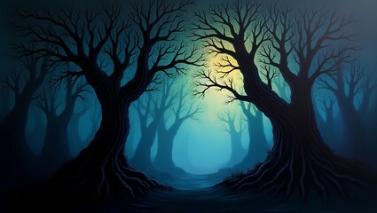 Enchanting night forest scene features silhouettes of old trees with intricate, fine branches. Scattered among the branches are tiny specks of light like stars, giving it a magical quality. 