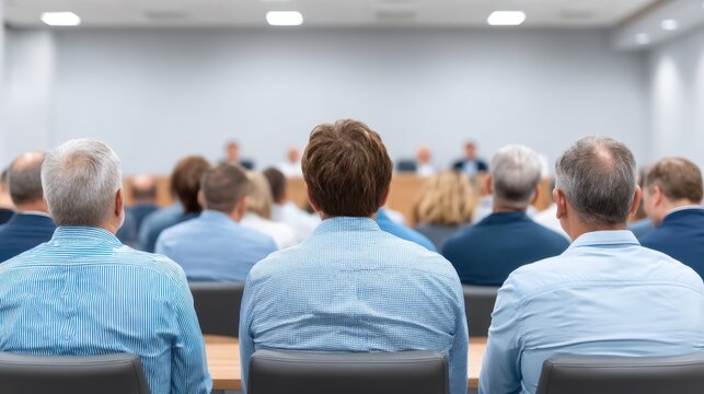 Group of people seated in a conference room attending a seminar with blurred presenters in the background, fostering a collaborative learning environment