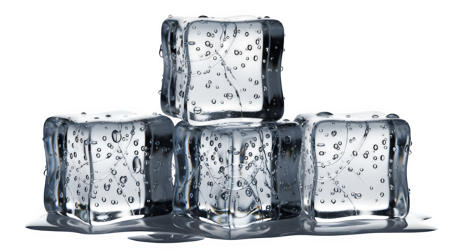 Four crystal clear ice cubes with glistening water droplets, stacked on a clean white surface, symbolizing pure coldness and refreshing hydration