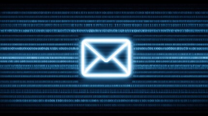 Futuristic Digital Email Icon Surrounded by Binary Code in a High-Tech Abstract Background Representing Modern Communication and Technology Concepts