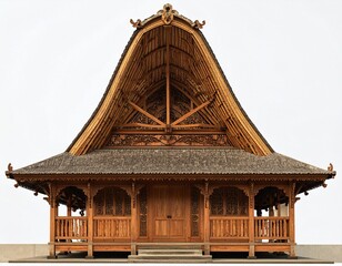 Traditional wooden house with carved details and unique roof design