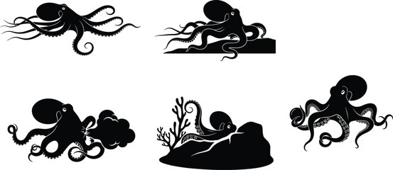 PrintSilhouette octopus illustration, marine animal vector, underwater wildlife art, sea creature design, ocean ink defense, aquatic habitat scene, tentacles motion © Heyy