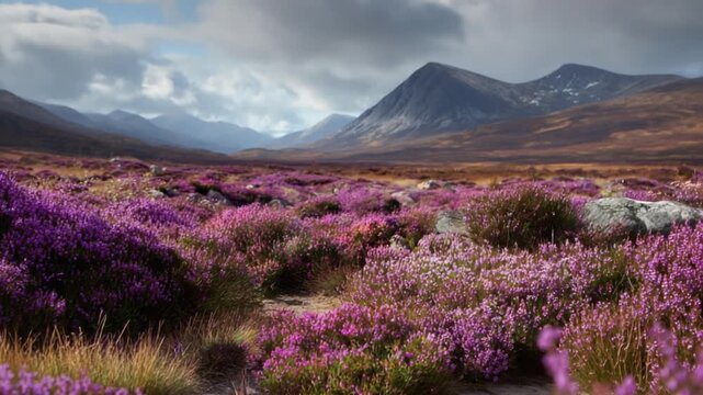 Highland Flora Under Cloudy Skies: An expansive vista of the Scottish Highlands, showcasing vibrant heather in full bloom under a dramatic, cloud-filled sky.