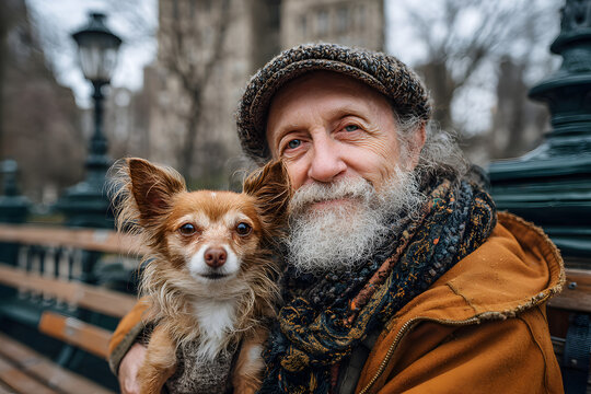 Ethnic senior man with small dog in the park