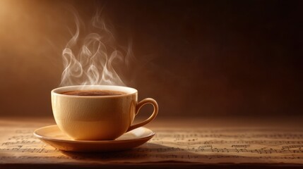 Obraz premium Warm and Inviting Coffee Cup with Steam Rising, Beautifully Styled on a Wooden Table with Vintage Sheet Music in a Cozy Setting