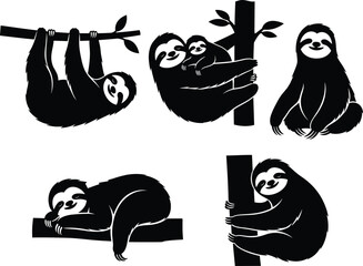 PrintSloth silhouette, animal illustration, lazy wildlife, tropical rainforest, hanging sloth, baby sloth, climbing sloth, sitting sloth, sleeping sloth, vector design © Mst