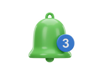 Green notification bell with number 3 PNG illustration isolated on transparent background for social media app design