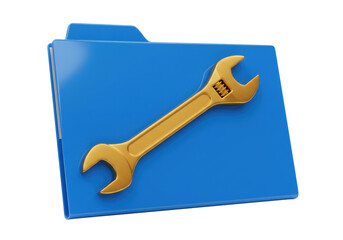 Blue folder with golden wrench PNG isolated on transparent background for system maintenance and settings adjustment