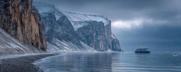 Cruise ship in northern seascape with ice glaciers concept. Serene coastal landscape with cliffs and calm waters under gray skies.