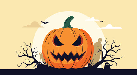 An ominous carved pumpkin stands tall on Halloween night with spooky ghosts and bare trees under a pale moonlit sky.