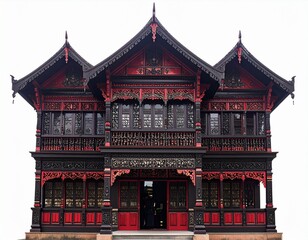 Traditional Minangkabau Rumah Gadang with black and red carved wooden facade and pointed roof