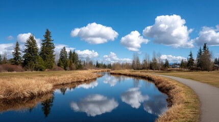 Obraz premium Serene Landscape Scene with Calm Water, Lush Trees, Fluffy Clouds and Blue Sky in a Peaceful Park Setting for Nature Lovers and Outdoor Enthusiasts