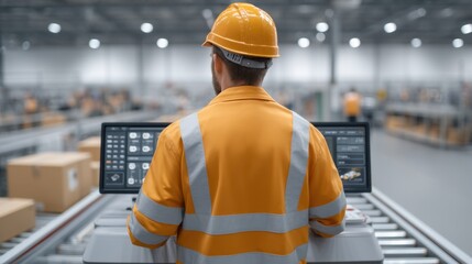 Factory worker in orange helmet and reflective jacket overseeing operations on multiple screens in a modern industrial warehouse setting