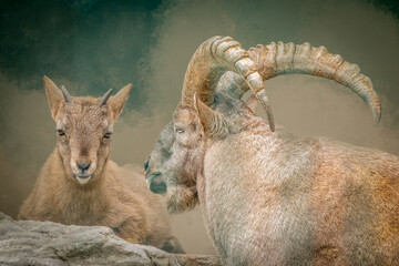 Majestic male ibex with enormous horn looking sideways next to young kid