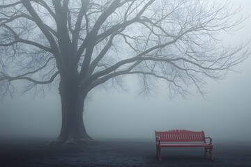 Winter tree in fog. Foggy winter scene with leafless tree and red park bench in fog