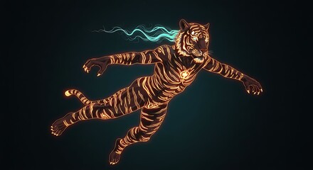 Majestic Tiger with Glowing Orange Stripes Floating in Dark Space with Blue Smoke Trail for Zodiac and Fantasy Concepts