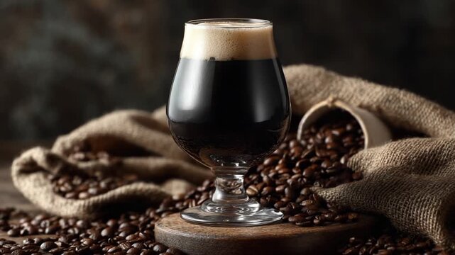 Brewery's Elixir: A close-up of a elegant glass of dark, richly textured coffee with luscious foam. The surrounding features coffee beans spilled from a burlap sack creating a rustic ambiance.