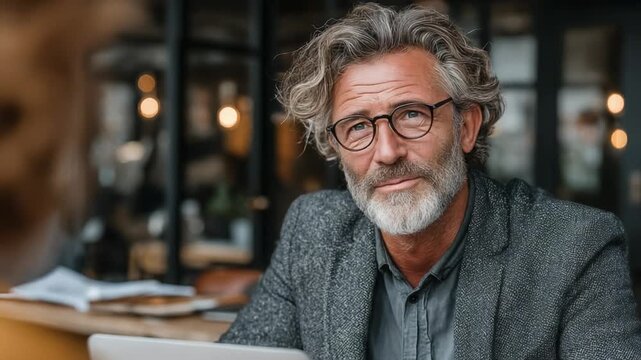 Mature Man in Thoughtful Reflection: A seasoned gentleman, captured in a moment of serene contemplation, looks directly at the viewer.