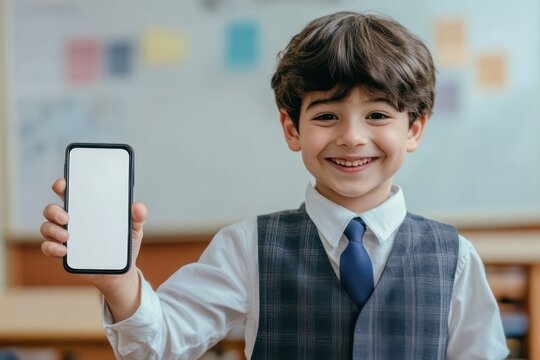 Schoolboy points proudly at phone with white screen